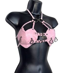 Small Pink Croc Embossed Faux Leather Heart Harness Bralette Festival Rave Top